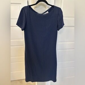 MM Lafleur Lucille Shift Dress Navy Blue White Pinstripe Short Sleeve Size Large